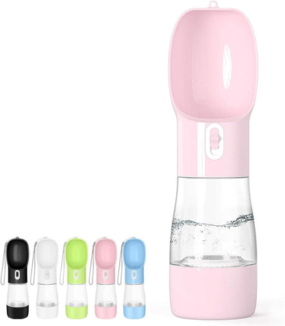 Portable Dog Water Bottle - Leak-Proof Dispenser with Integrated Bowl and Food Container, Dishwasher Safe, Made from Food-Grade Plastic for Outdoor Activities, Pink