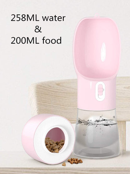 Portable Dog Water Bottle - Leak-Proof Dispenser with Integrated Bowl and Food Container, Dishwasher Safe, Made from Food-Grade Plastic for Outdoor Activities, Pink