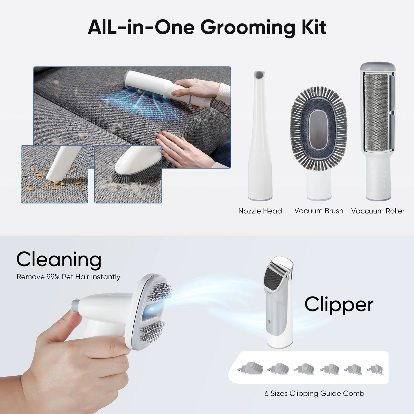 Professional Dog Grooming Kit: 2.5L Pet Hair Vacuum with 5-in-1 Electric Clippers for Dogs, Cats, and Other Animals - White