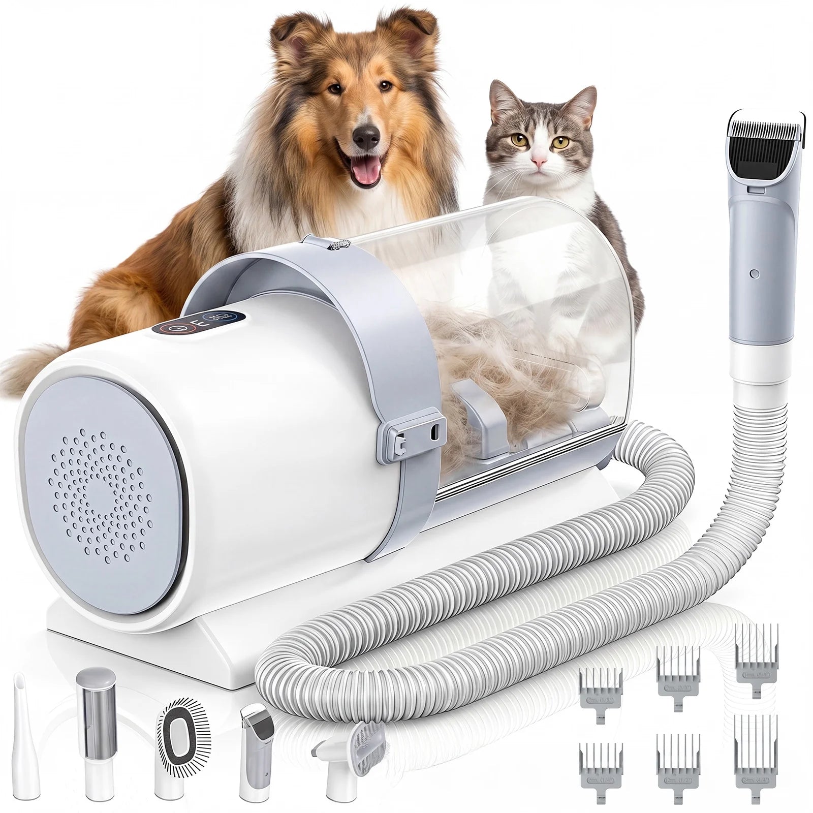 Professional Dog Grooming Kit: 2.5L Pet Hair Vacuum with 5-in-1 Electric Clippers for Dogs, Cats, and Other Animals - White