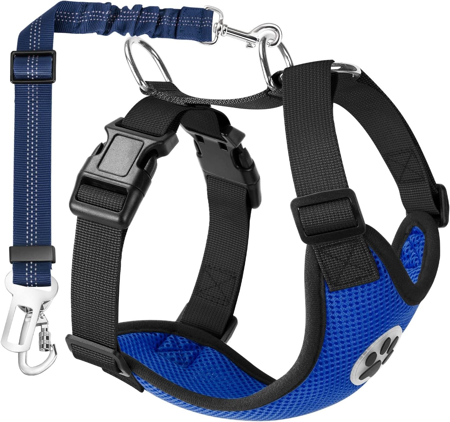 Adjustable Dog Car Harness Seat Belt with Breathable Mesh Vest and Elastic Bungee Tether - Soft Padded 2-in-1 Safety Solution for Small, Medium, and Large Dogs (Blue, Medium)