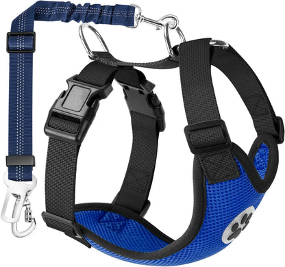Adjustable Dog Car Harness Seat Belt with Breathable Mesh Vest and Elastic Bungee Tether - Soft Padded 2-in-1 Safety Solution for Small, Medium, and Large Dogs (Blue, Medium)