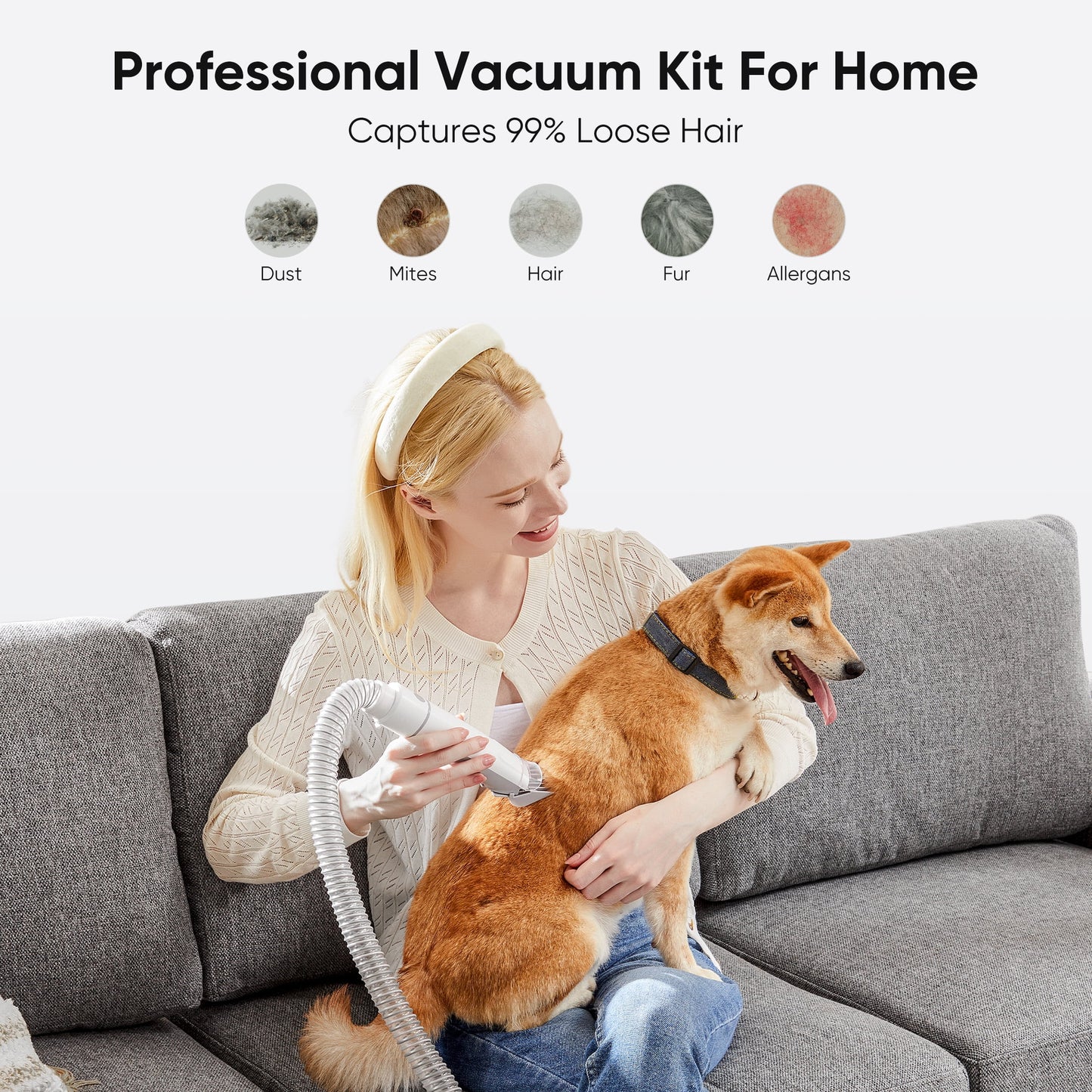 Professional Dog Grooming Kit: 2.5L Pet Hair Vacuum with 5-in-1 Electric Clippers for Dogs, Cats, and Other Animals - White